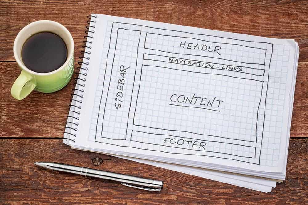 a notebook with a drawing of web page ideas and content